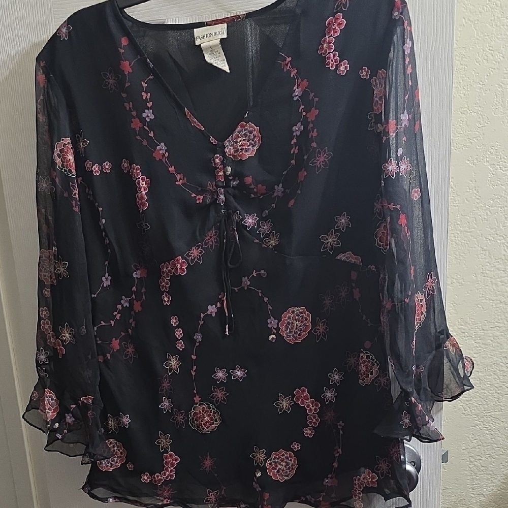 Fashion Bug Black Sheer Floral Tie-Neck Blouse